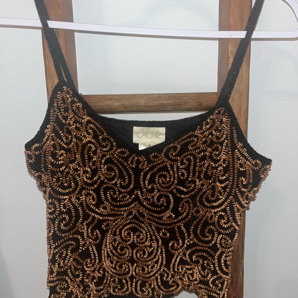 Women's vintage Cache Black and Gold beaded art deco Embellished Camisole sz 6